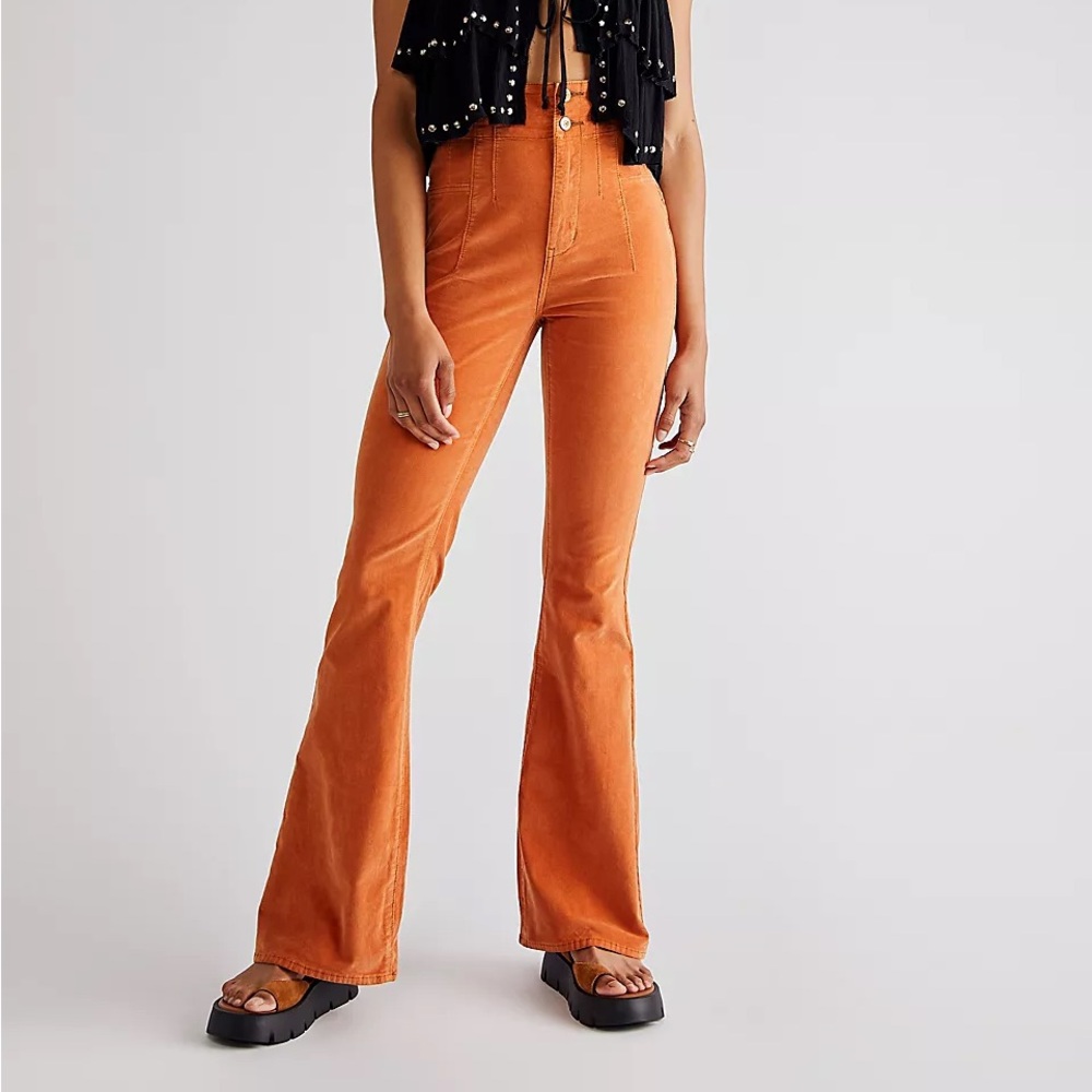 Free People We The Free Jayde Corduroy High Rise Flare Pants in Cognac